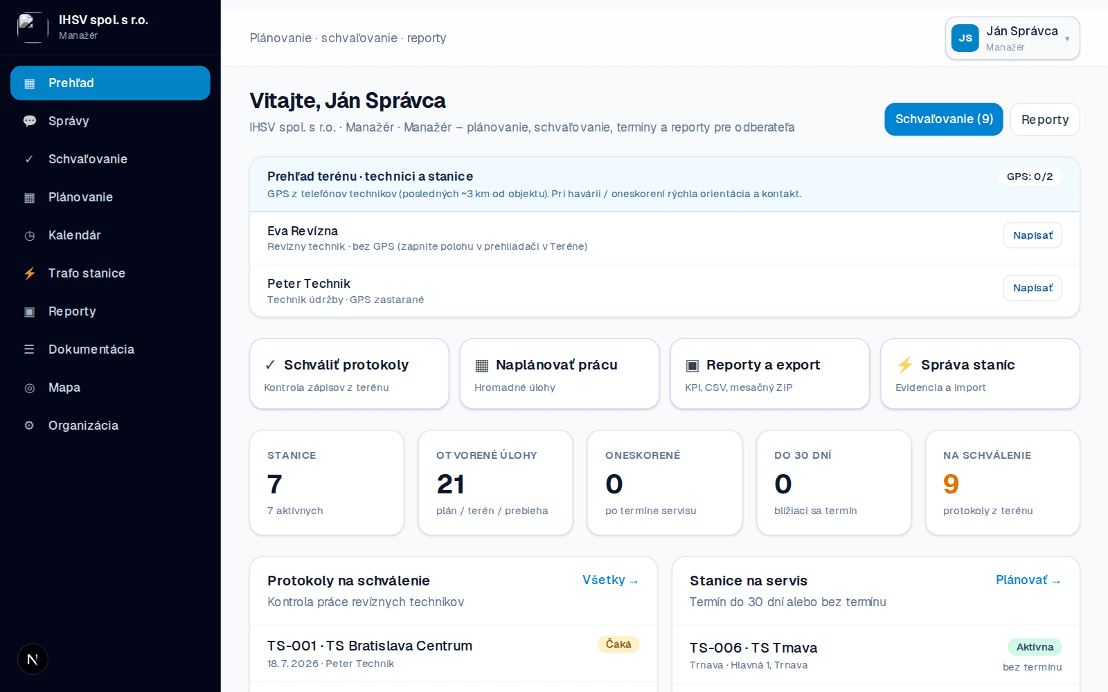 Trafo Manager – softvér CMMS prehľad dňa so zoznamom úloh servisu a oneskorenými termínmi